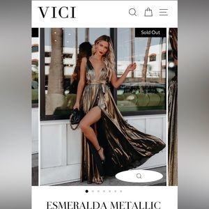 Vici Esmeralda metallic wrap gold maxi dress